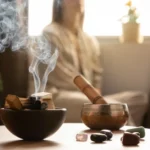 Mãos segurando um kit de defumação com sálvia branca e palo santo soltando fumaça para limpeza energética de ambiente.