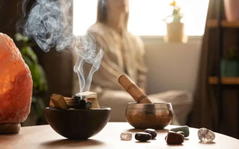 Mãos segurando um kit de defumação com sálvia branca e palo santo soltando fumaça para limpeza energética de ambiente.